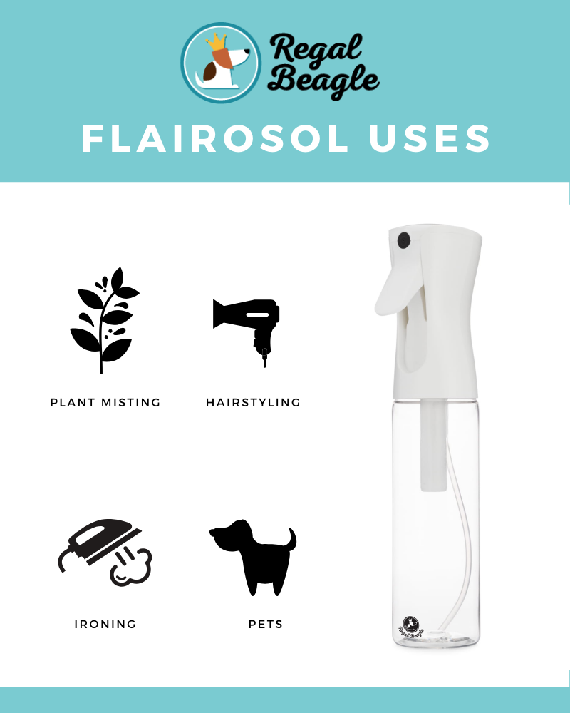 An infographic showing the uses of a clear 10 ounce flairosol bottle with a white sprayer for plant misting, hair styling, ironing, and pet grooming.