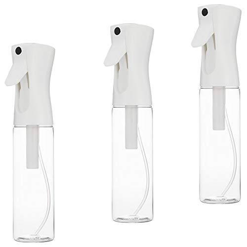 The left side view of three clear 10 ounce flairosol bottles with white sprayers.